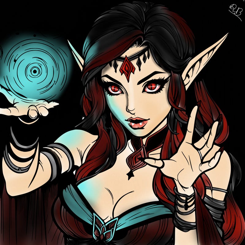 realistic scary beautiful elf sorceress casting spell