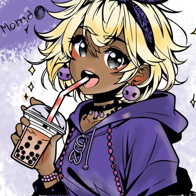 hot baddie anime girl drinking boba and biting the straw