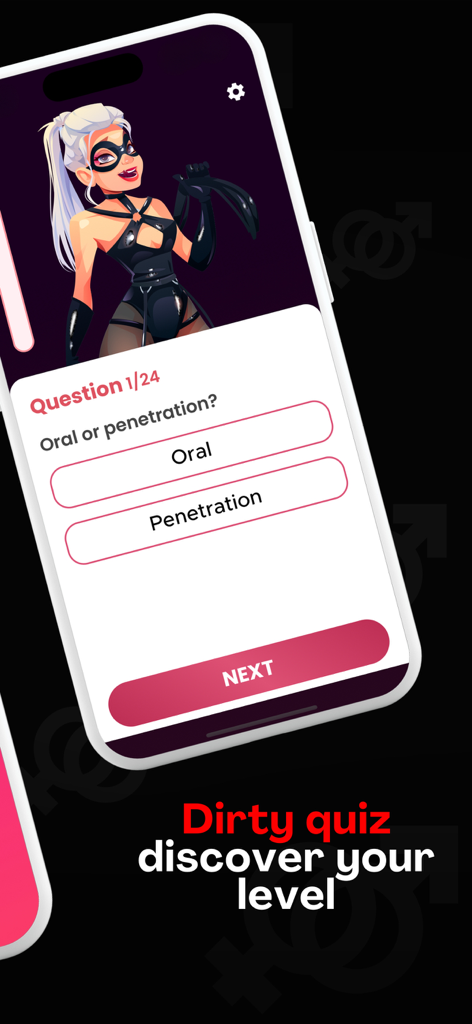 Couples Games: Naughty & Dirty - Una interfaz de cuestionario picante de la aplicación Juegos para Parejas con un personaje ilustrado y preguntas de intimidad