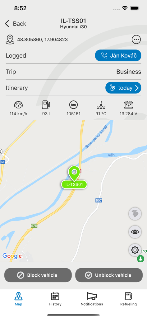 TSS Monitoring - App-Oberfläche zur Fahrzeugverfolgung mit Echtzeit-GPS-Standort und Fernimmobilisierungskontrollen