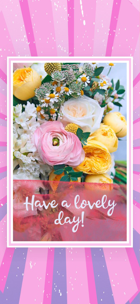 Greetify eCards,Birthday cards - Cartão de felicitações digital floral com um buquê de flores cor-de-rosa e amarelas e o texto Tenha um dia adorável.