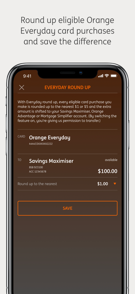 ING Australia Banking app screen showing the Everyday Round Up automated savings feature