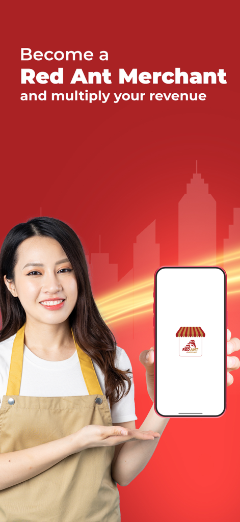 Red Ant Merchant - A female merchant holding a smartphone with the Red Ant Merchant app logo