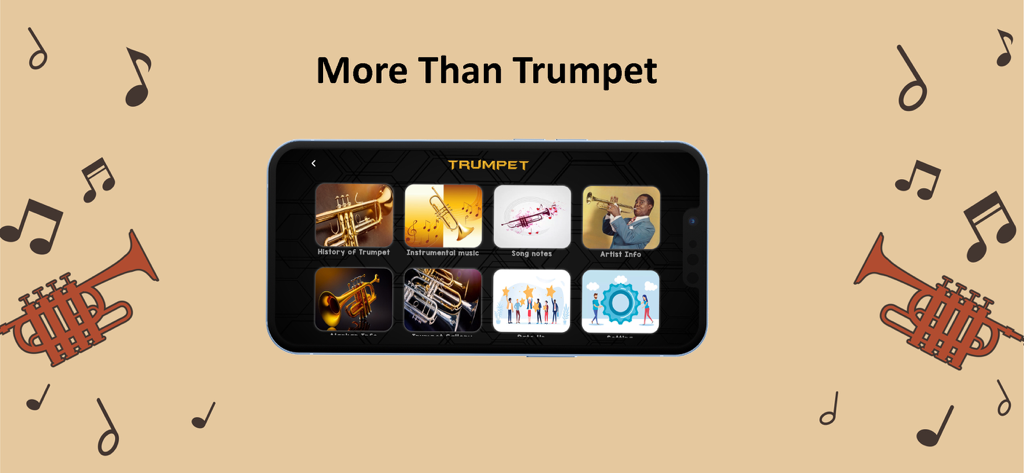 Trumpet Maestro - Smartphone screen showing the Trumpet Maestro app menu with options for instrument history, music library, and song notes