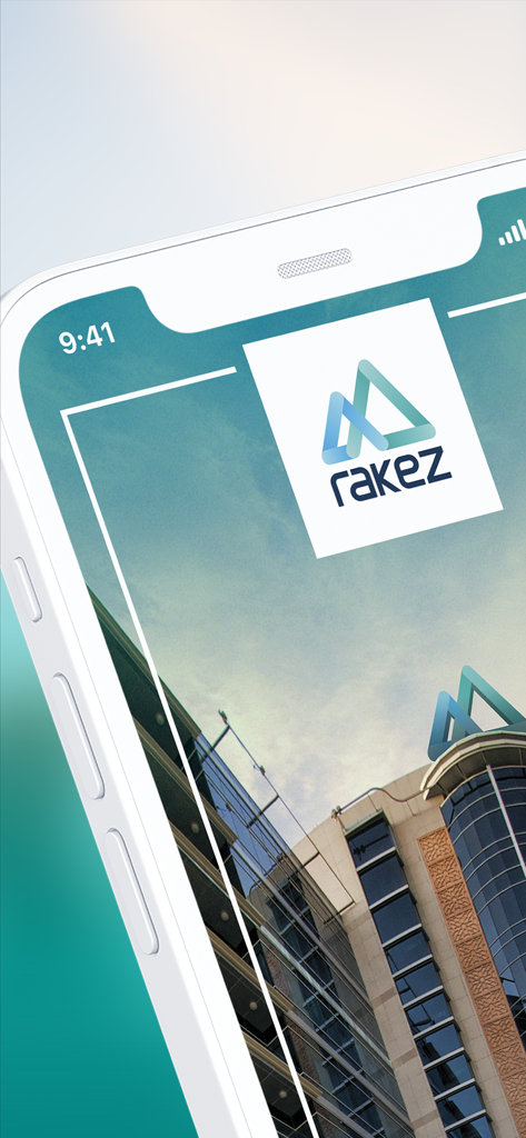 RAKEZ - RAKEZモバイルアプリの起動画面。会社ロゴとモダンな企業ビルの背景が表示されています。