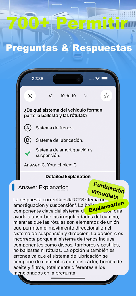 Interfaz de la aplicación del examen teórico de conducir de Costa Rica mostrando una pregunta de práctica y explicación detallada.