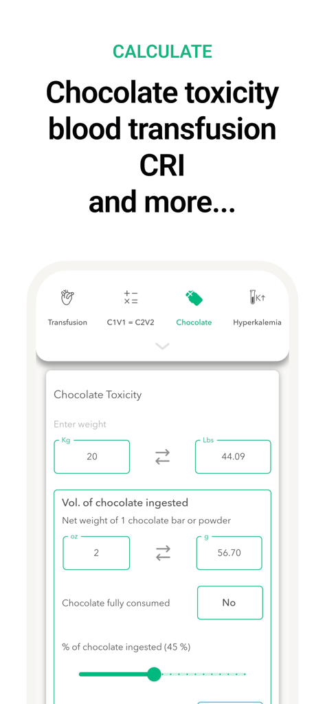 Vet Easy - Drugs & Calculators - Vet Easy app interface showing a chocolate toxicity calculator for veterinary professionals