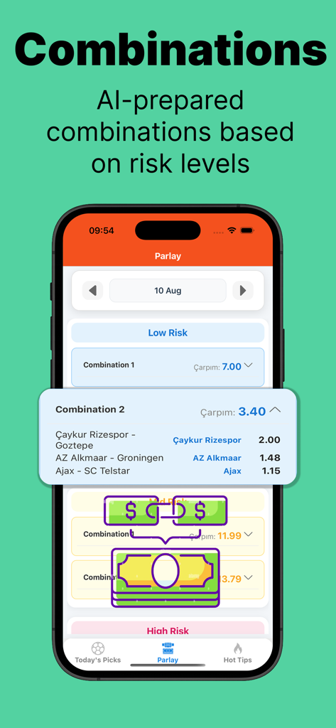 Sports Betting Prediction Tips - AI-prepared sports betting parlay combinations with different risk levels