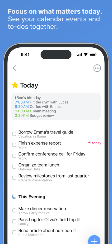 Things 3 - La aplicación Things 3 en iPhone mostrando la vista Hoy con eventos del calendario y tareas organizadas.