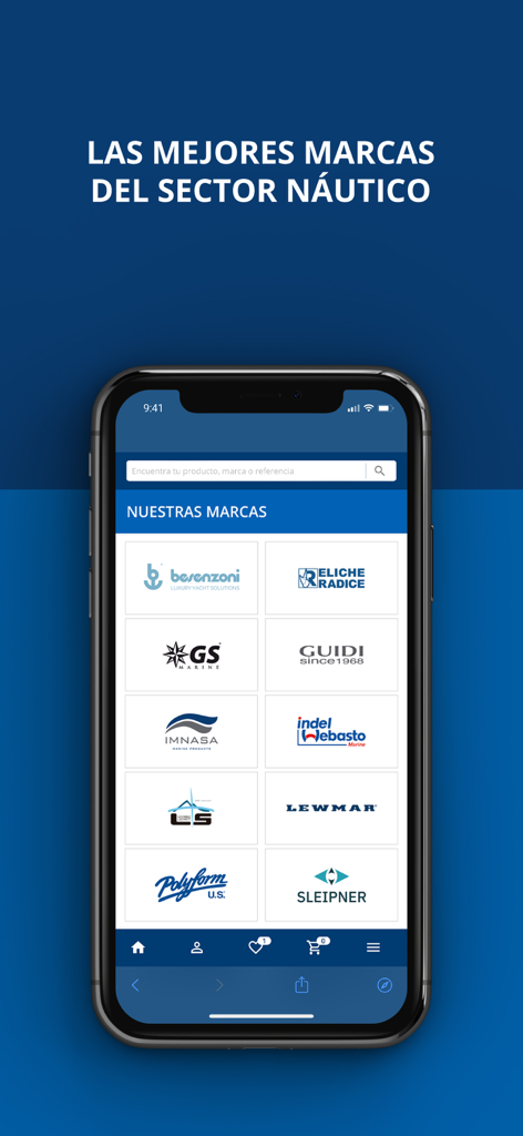 Pantalla de la aplicación móvil Imnasa que muestra una selección de las principales marcas del sector náutico