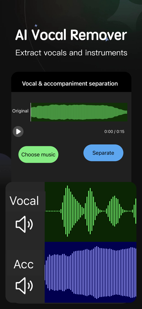AI Vocal Remover interface for extracting vocals and instruments from a song