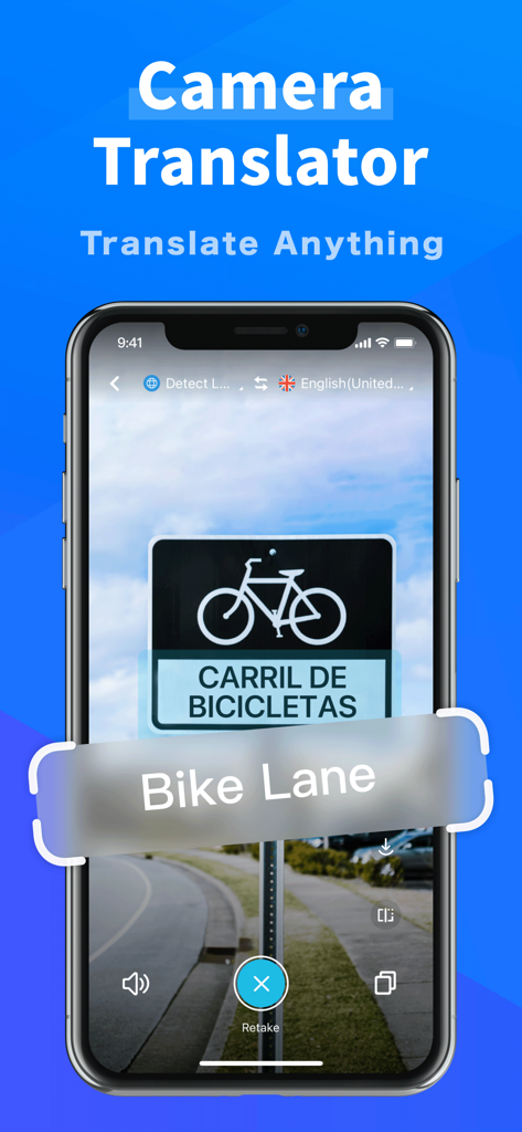 スペイン語の自転車レーン標識を英語にリアルタイムでカメラ翻訳しているiPhone画面