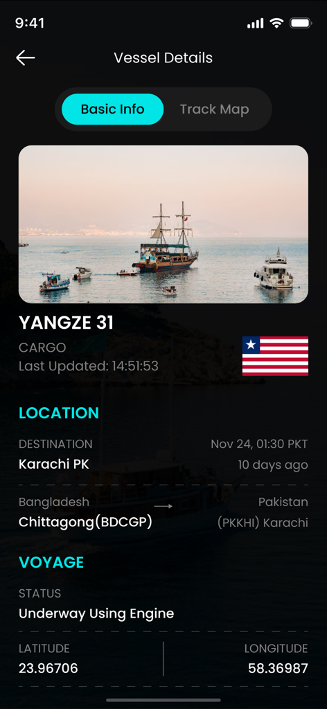 Ship Finder: GPS Ship Tracking - Pantalla de detalles de embarcación en la aplicación Buscador de Barcos para el buque de carga Yangze 31, incluyendo su ubicación y estado del viaje
