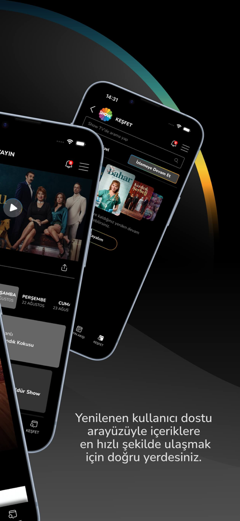 Show TV - Interfaccia dell'app mobile Show TV che mostra serie TV turche popolari e sezione scoperta