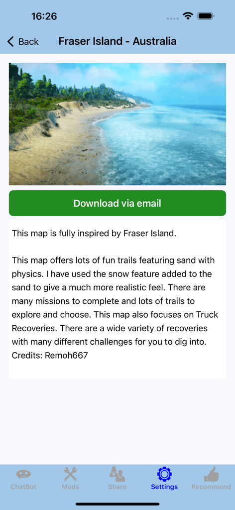 SnowR - DLC Cheat Mods Map(SR) - Captura de pantalla de la página de descripción del mod del mapa de Fraser Island, Australia, con una imagen del paisaje costero y un botón de descarga.