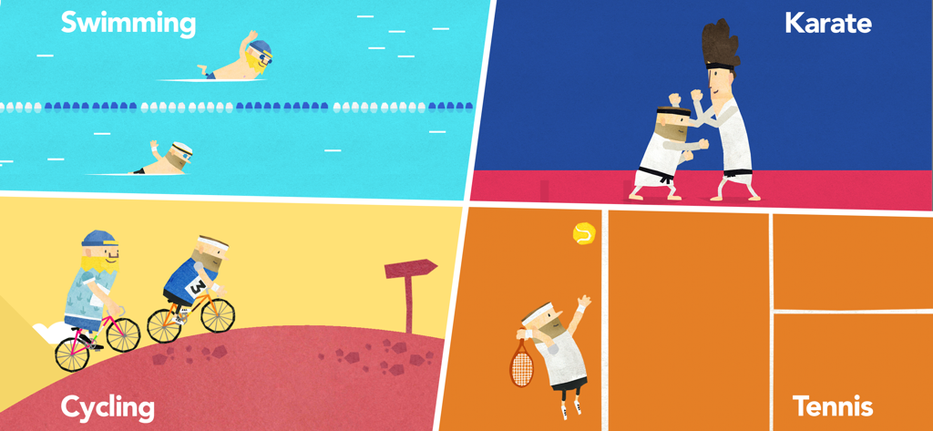 Fiete Sports Fun Minigames 4+ - A four-way split screen showcasing different sports minigames including swimming karate cycling and tennis