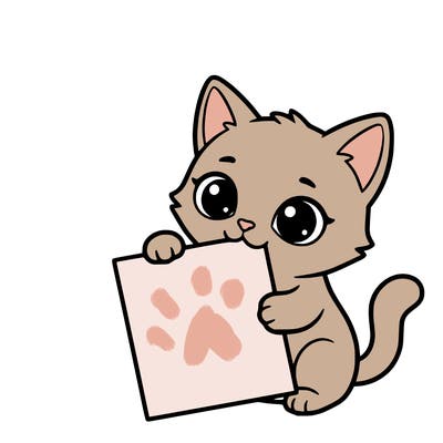 a small cat with a blank sheet of paper in its hand. the cat is sooooooo cute!