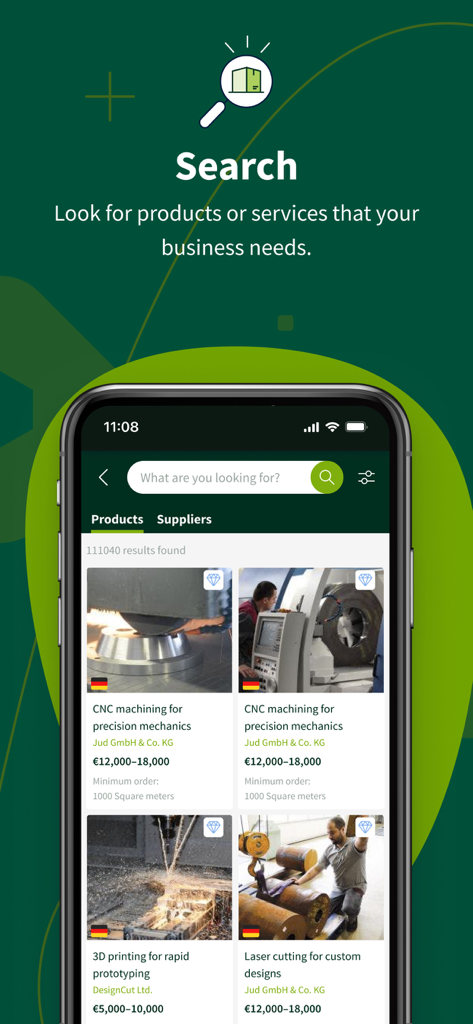 Europe's sourcing business app - Europages app showing product search results for European manufacturing and CNC machining services.