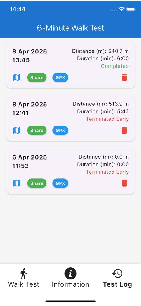 Un registro de los resultados de la prueba de caminata de 6 minutos que muestra fechas, distancias y estados de las pruebas.