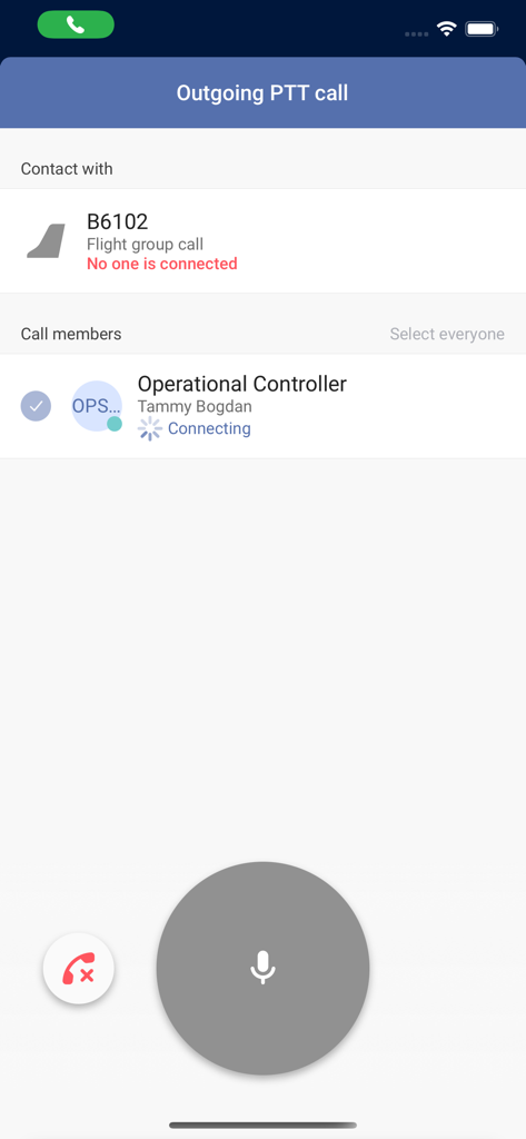 Frequency Communications app interface showing an outgoing push to talk call to an airline operational controller