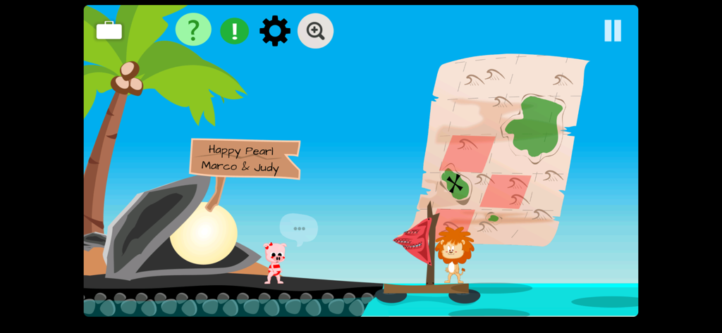 Tiny Story 2 Adventure - Tiny Story 2 Adventureのゲームで、熱帯の島でパズルを解くかわいい動物キャラクターたち。巨大な光る真珠がある。