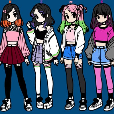 one girl with crop-top shirt and a jacket with a skirt, long socks and another girl with a shirt and pants with a jacket