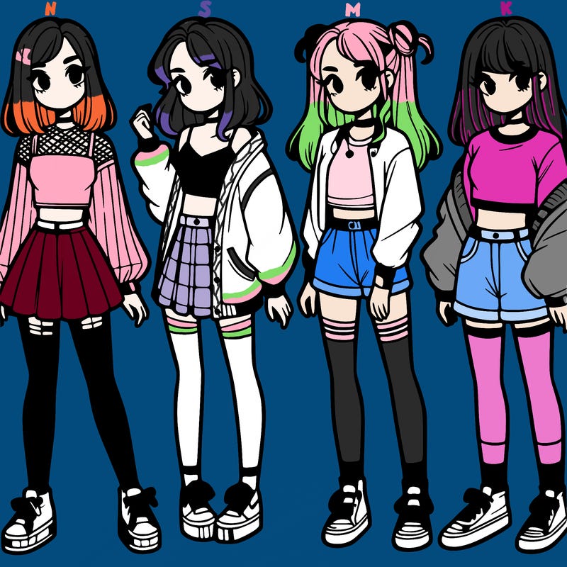 one girl with crop-top shirt and a jacket with a skirt, long socks and another girl with a shirt and pants with a jacket