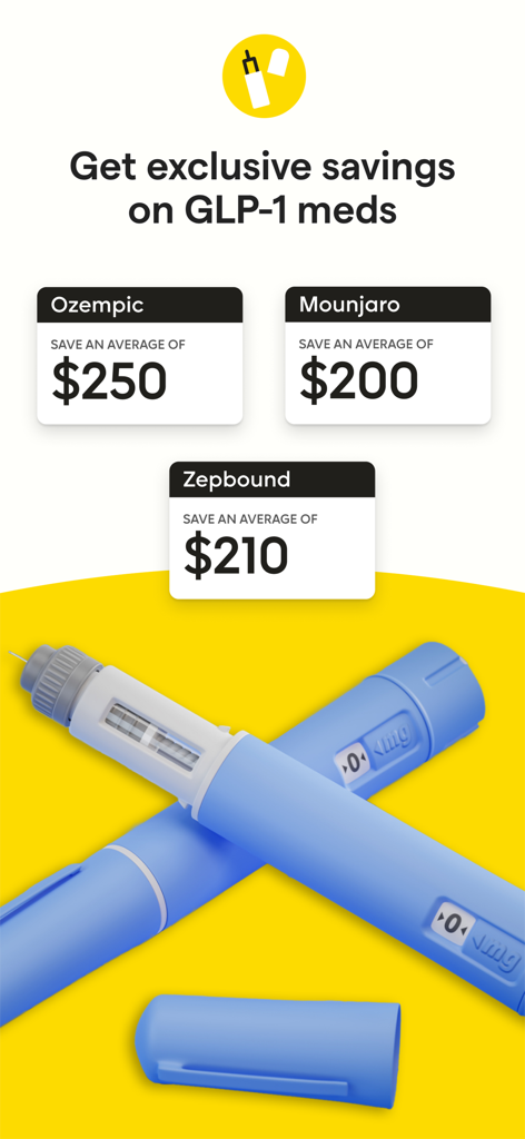 Promotional banner for GoodRx showing average savings on Ozempic, Mounjaro, and Zepbound GLP-1 medications.