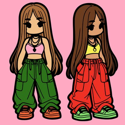 girl in baggy pants crop top and long hair