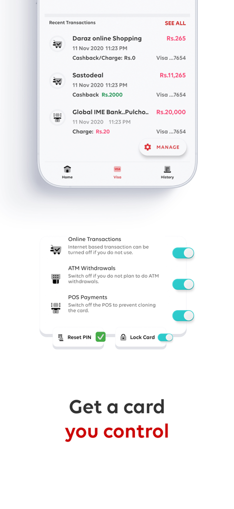 IME Pay app screen showing recent transaction history and card security controls