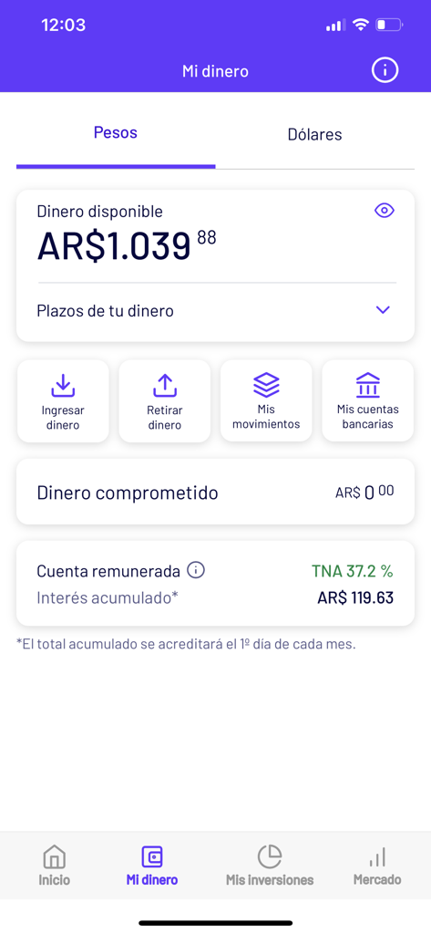 IOL: Dólar, acciones, ¡y más! - 잔액 및 이자 세부 정보가 포함된 아르헨티나 페소용 '내 돈' 대시보드를 보여주는 IOL 앱 인터페이스