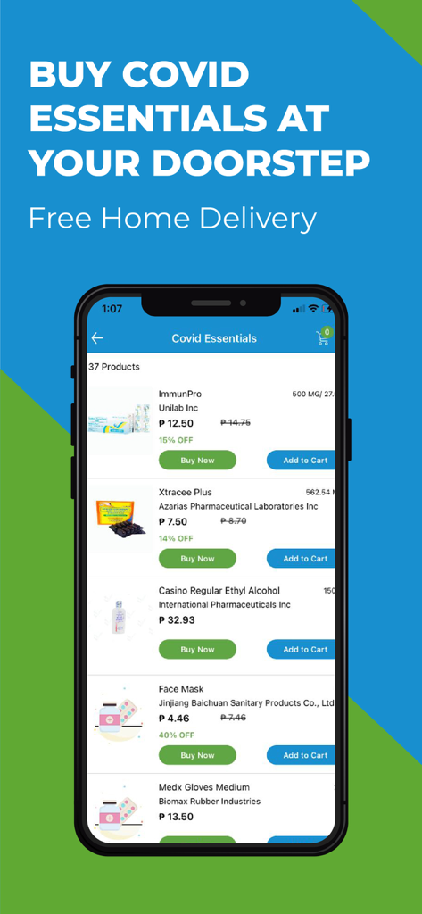 Interface do aplicativo móvel GetMeds exibindo uma lista de produtos de saúde para covid com preços e opções de entrega em domicílio gratuita
