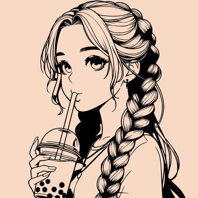 realistic girl with braided hair drinking boba
