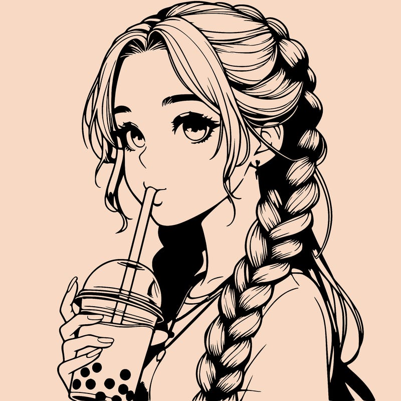 realistic girl with braided hair drinking boba