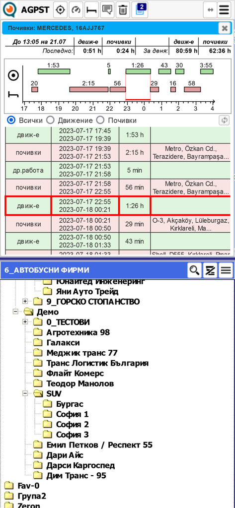 GPS Logistic - GPS Logistic interface showing vehicle activity logs and fleet organizational structure