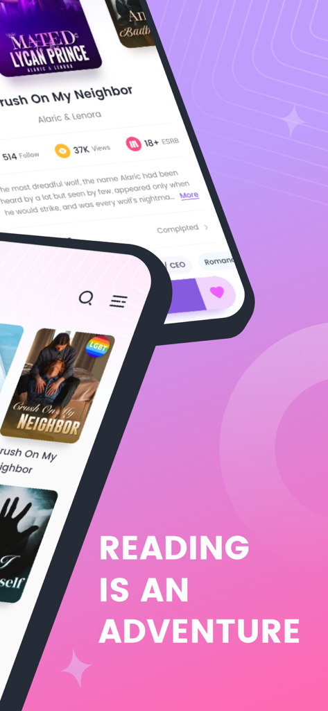 Yestory - Read Books & Booktok - Yestoryのモバイルアプリインターフェース。様々なロマンスやウェアウルフのウェブ小説を表示し、「読書は冒険だ」というスローガンが記載されています。
