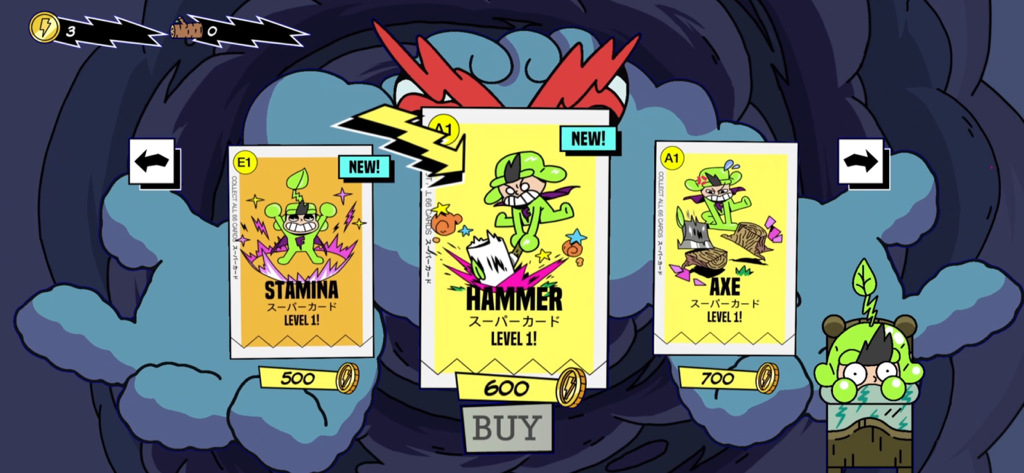 Super Farming Boy trading card shop showing Hammer and Axe tool upgrades