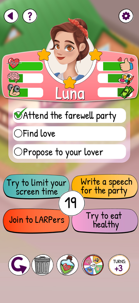 Life Choices 2: Life Simulator - A gameplay screenshot of Life Choices 2 showing character Luna with various life tasks and decision buttons.