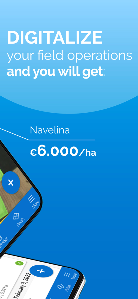 Agroptima - Interface do aplicativo Agroptima mostrando a digitalização de operações de campo e margens de safra por hectare