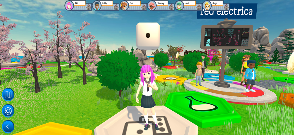 entreREDes - Avatars standing on a 3D digital board game with subject icons and a floating die in the entreREDes app