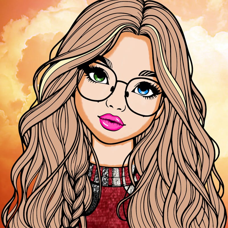 girl with long hair and freckles and glasses realistic