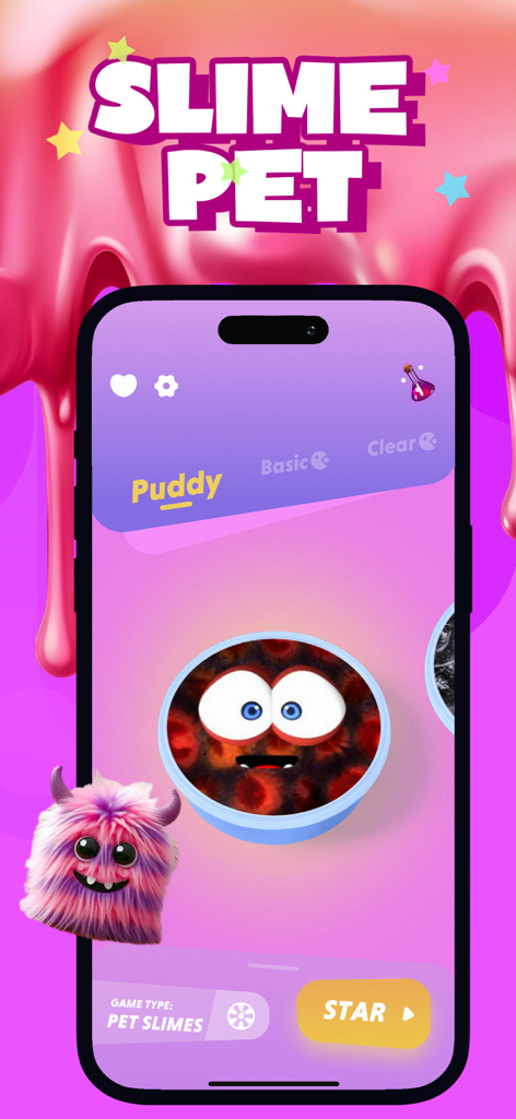 Main interface of Slime Pet ASMR Virtual Friend app showing a customizable slime pet character and a small furry mascot on a vibrant pink background