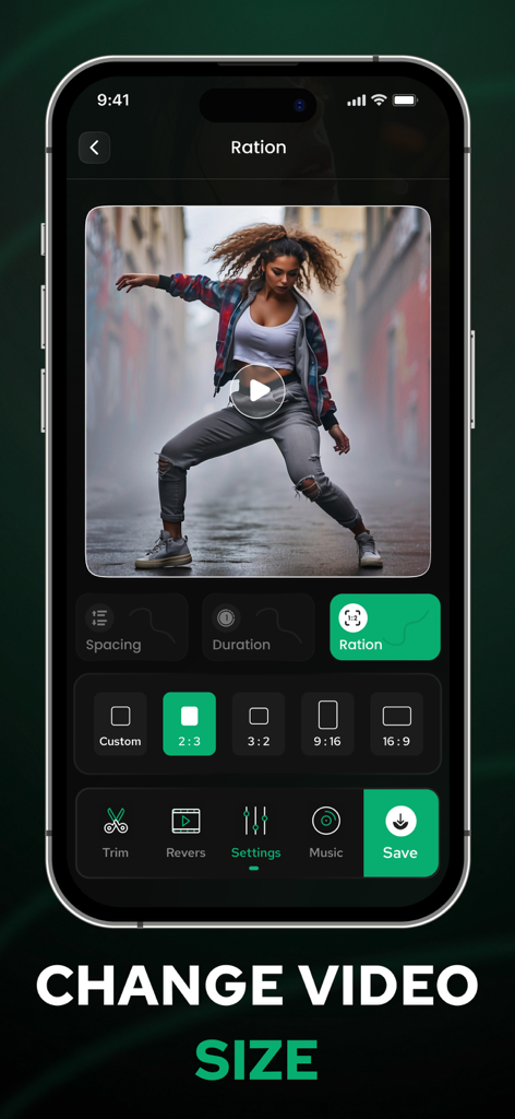 AI Reverse Video Editor - RevV - A mobile screen showing video aspect ratio settings in the AI Reverse Video Editor app