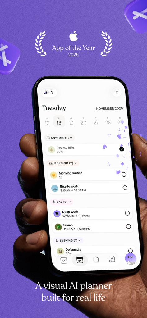 Tiimo visual AI planner interface on an iPhone displaying a daily schedule with the App of the Year 2025 award logo