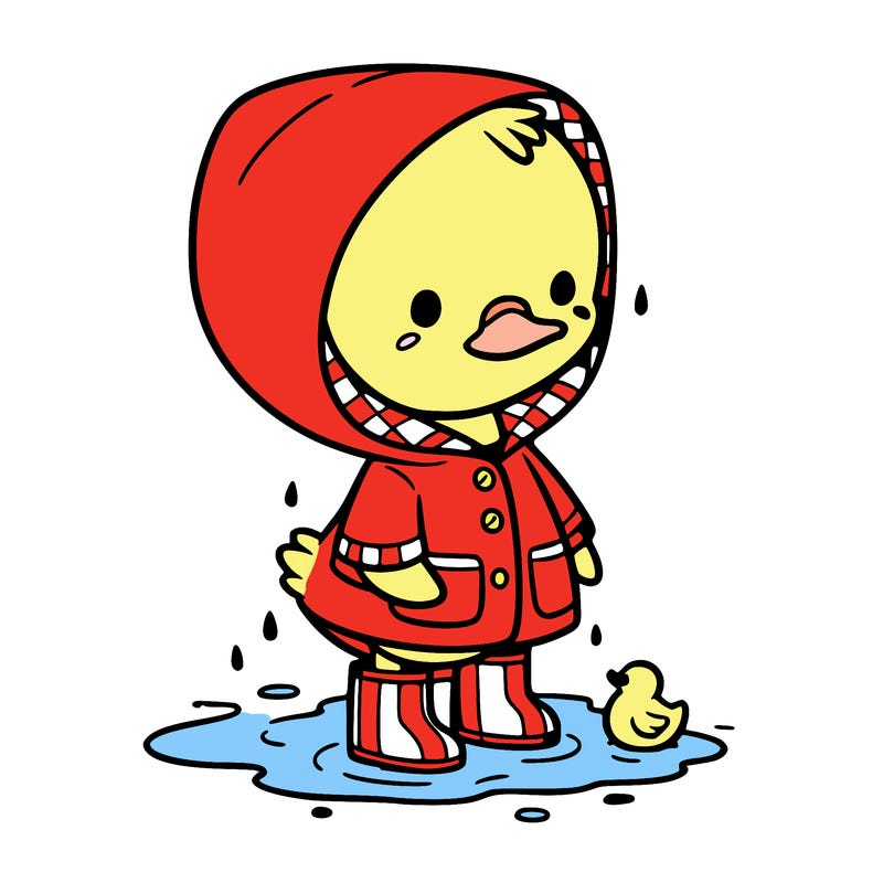 baby duck in a rain coat and boots, in a puddle while it’s raining