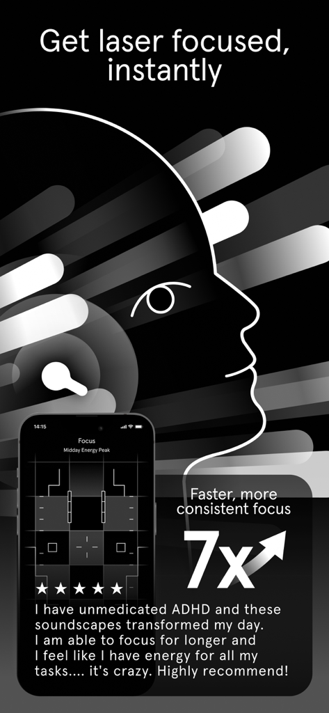 Endel app screenshot showing focus soundscapes interface with a user review mentioning ADHD support