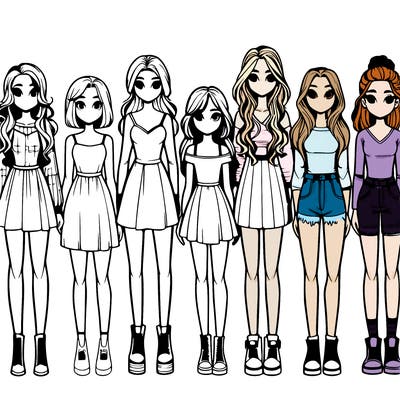 seven realistic girls standing up next to each other