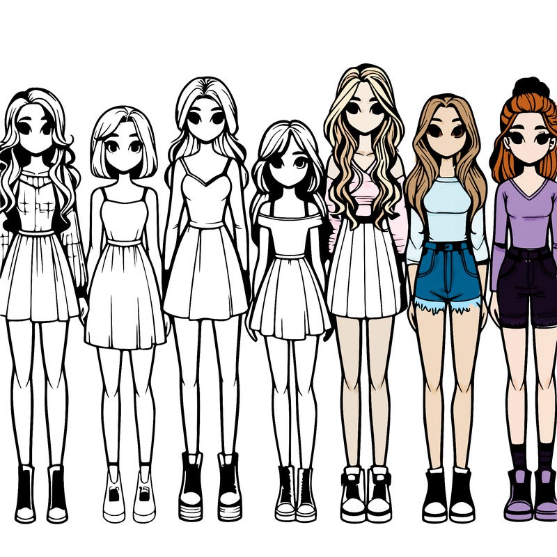 seven realistic girls standing up next to each other