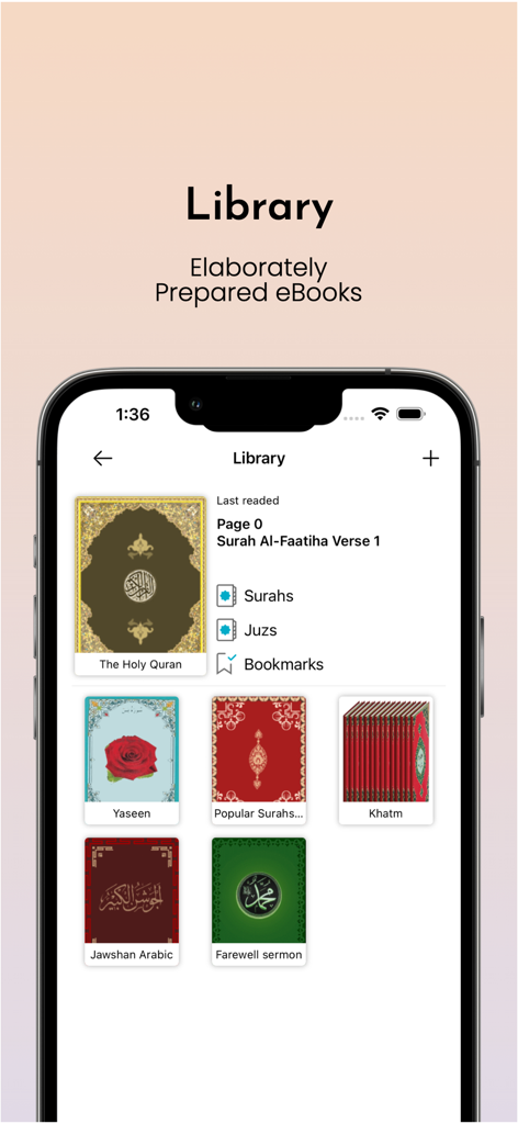 La schermata Libreria dell'app Azan Time Pro che visualizza vari e-book islamici, tra cui il Sacro Corano e le Sure
