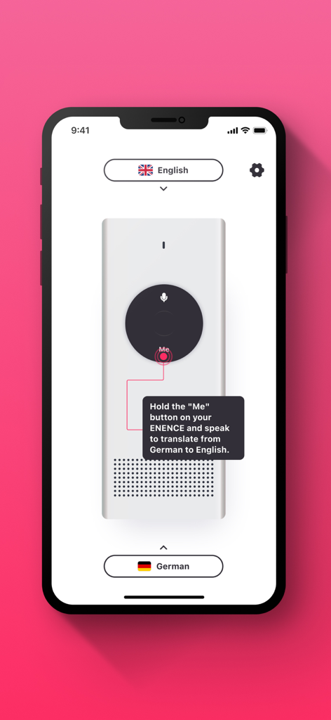 Translator Enence - Translator Enence mobile app interface showing a voice translation button with instructions to translate German to English.